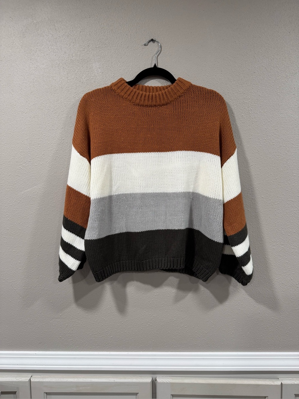 Striped Crewneck Sweater in Rust, Cream & Gray - Picture 2 of 4